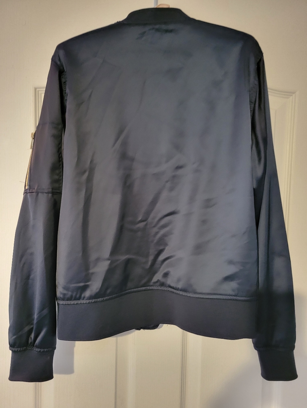 Ardene Navy Satin Bomber Jacket with Gold Zipper SZ. L - Picture 4 of 9